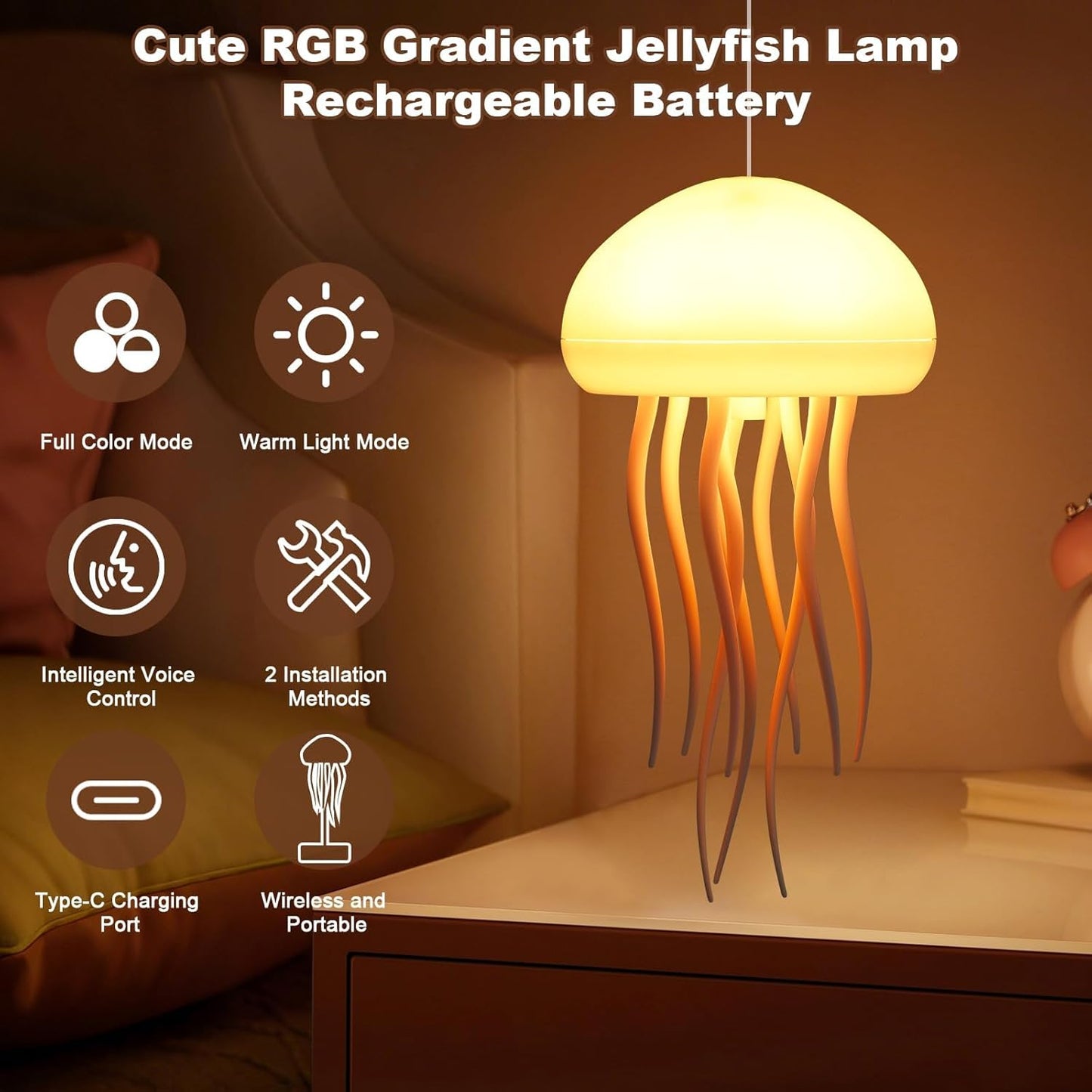 Voice Control Dancing Jellyfish Lamp – RGB Gradient Touch Sensor Bedside Lamp, Rechargeable (Hanging + Base) Christmas Gift