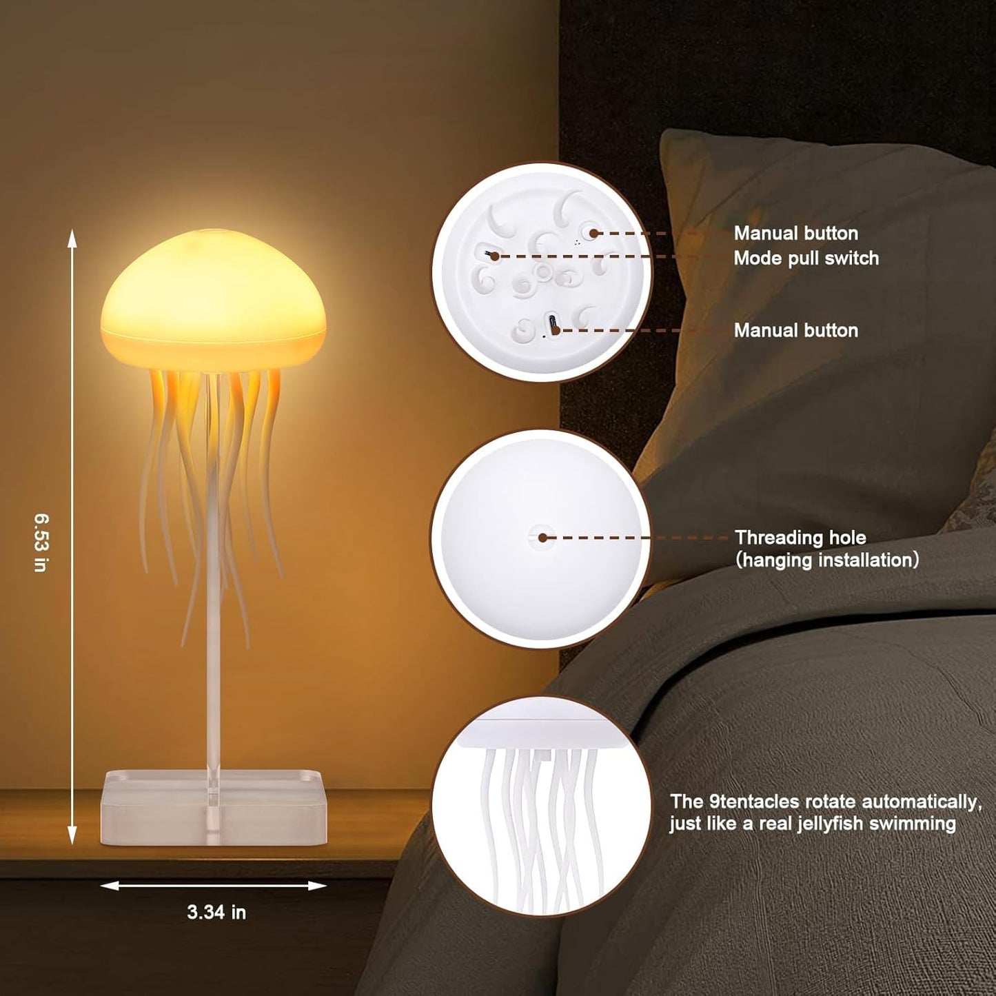 Voice Control Dancing Jellyfish Lamp – RGB Gradient Touch Sensor Bedside Lamp, Rechargeable (Hanging + Base) Christmas Gift