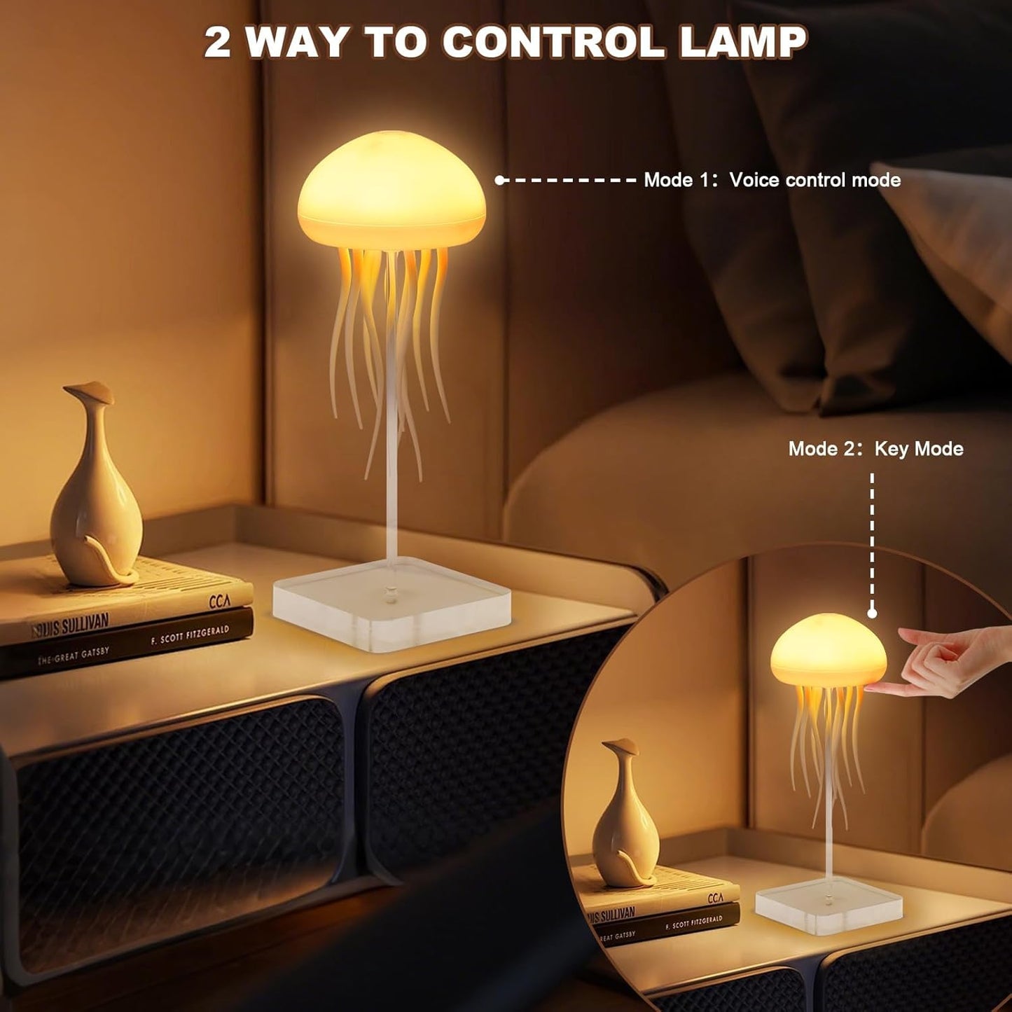 Voice Control Dancing Jellyfish Lamp – RGB Gradient Touch Sensor Bedside Lamp, Rechargeable (Hanging + Base) Christmas Gift