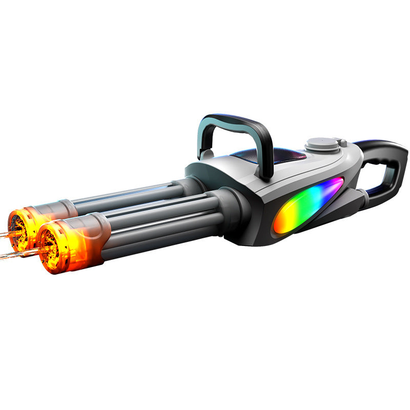 Gatling electric water gun 2.0 in mid-rotation with LED muzzle flash