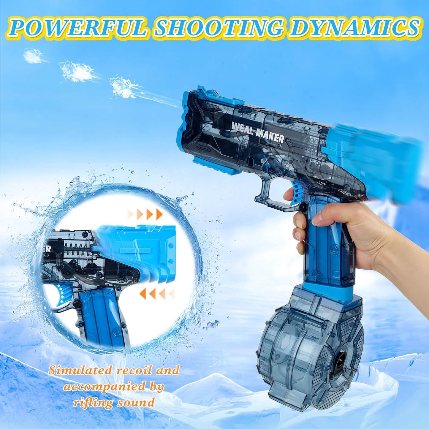 Rechargeable electric water blaster with 26ft straight and 32ft parabolic shooting range