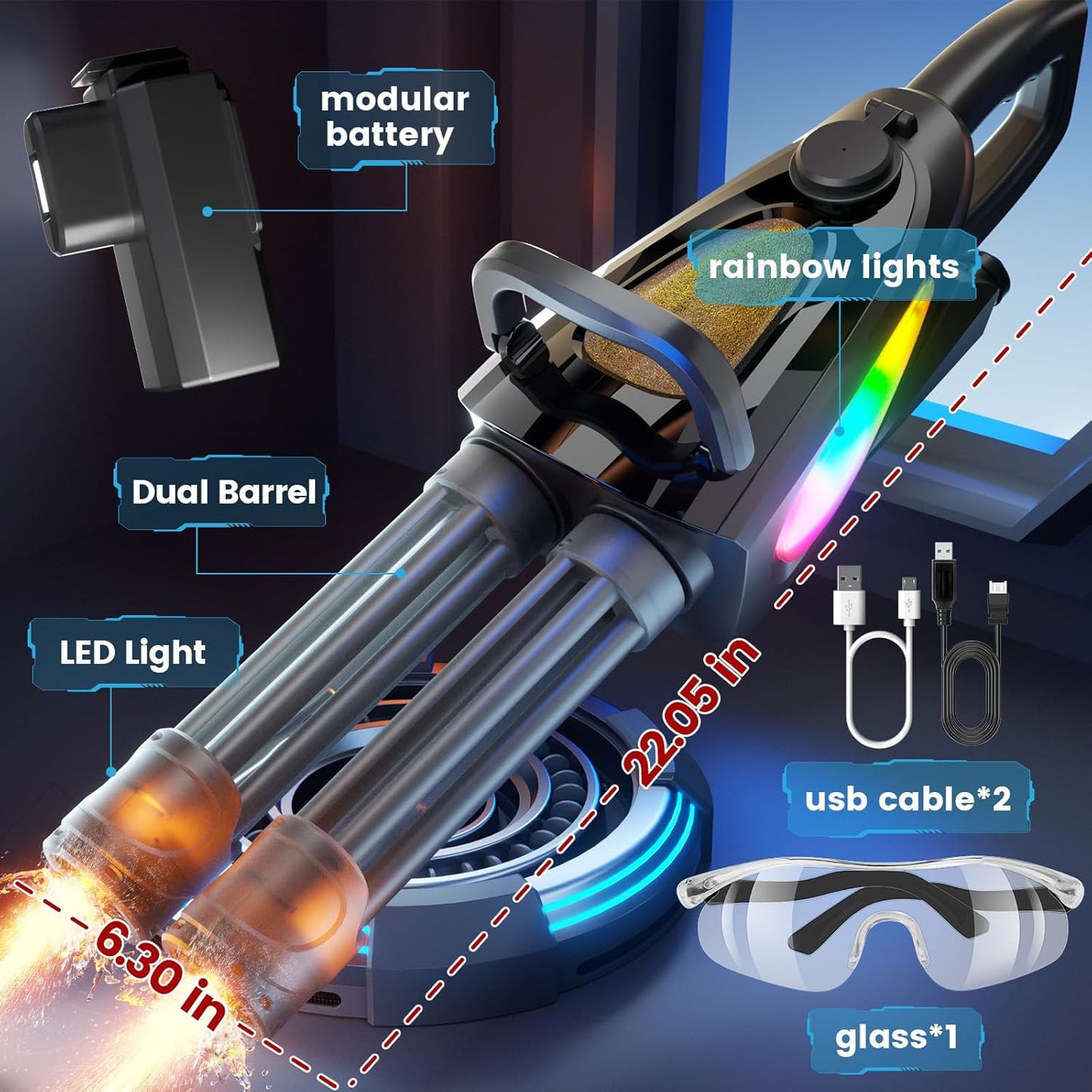 Sleek side view of Gatling electric water gun with ergonomic handles and flash LED lights