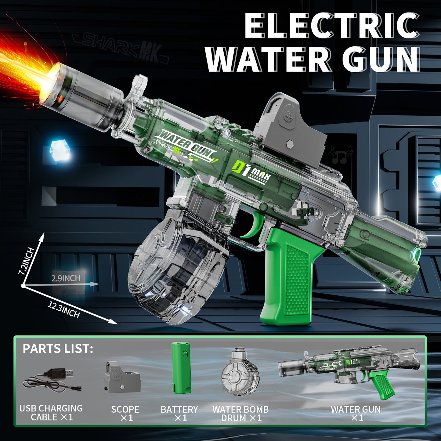 Action shot of the M416 shooting long-range water stream with flashing LED effects

