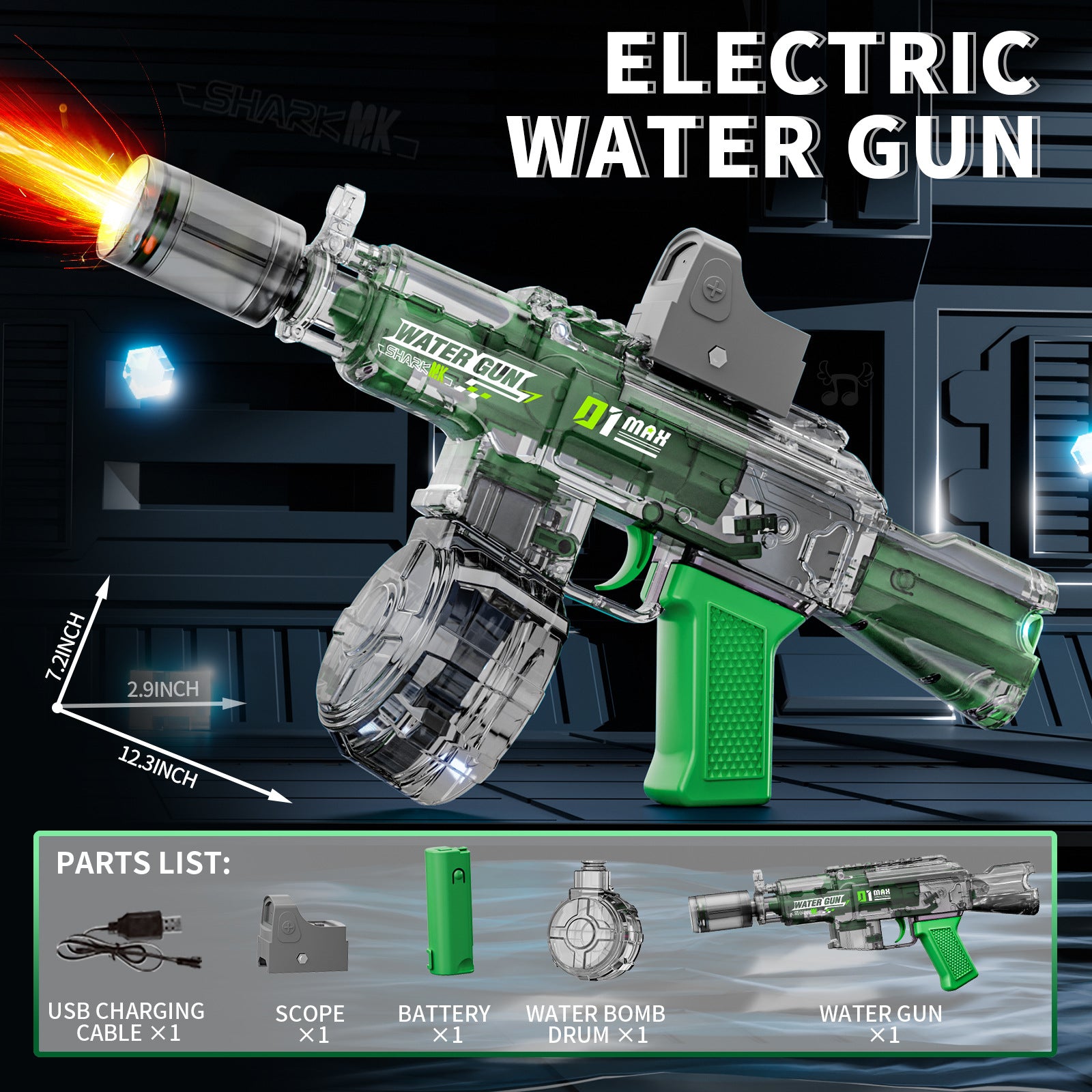 Action shot of the M416 shooting long-range water stream with flashing LED effects


