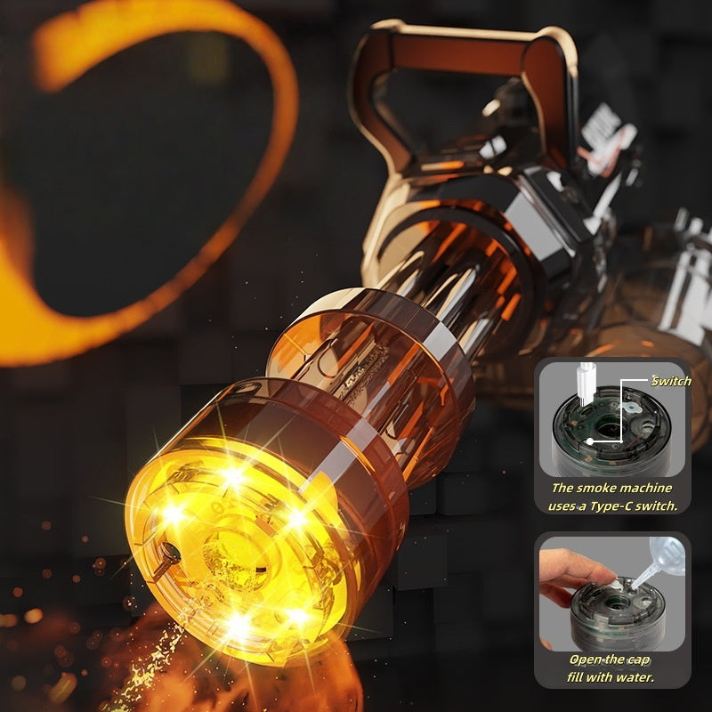 LED-lit Gatling water gun in action with rapid water spray

