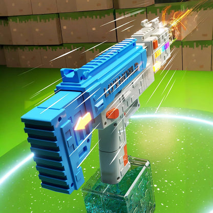 Colorful and futuristic pixel blaster water gun in action

