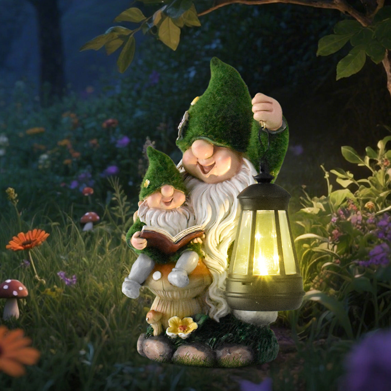 Flocked resin gnome statue with warm lantern light