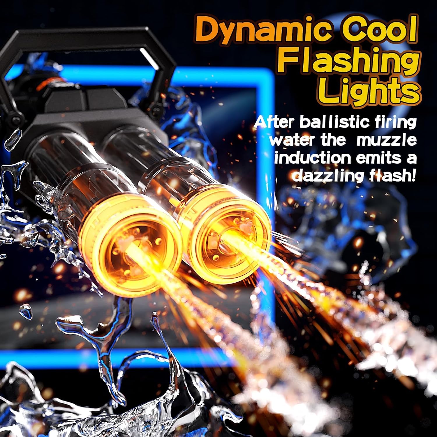 Electric LED Gatling water gun with rotating barrel and glowing lights

