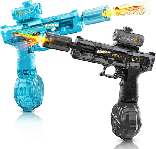 Electric water gun spraying powerful water stream outdoors

