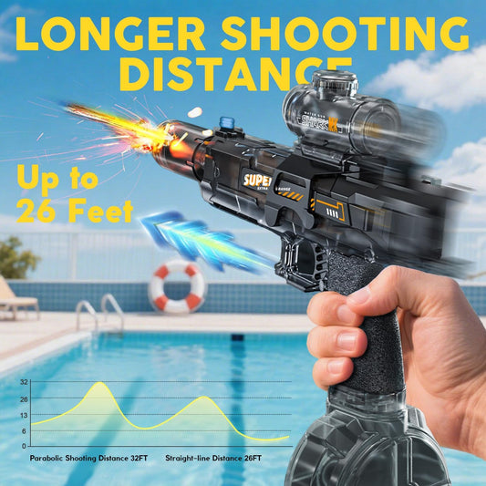Family playing with long-range electric water guns in backyard


