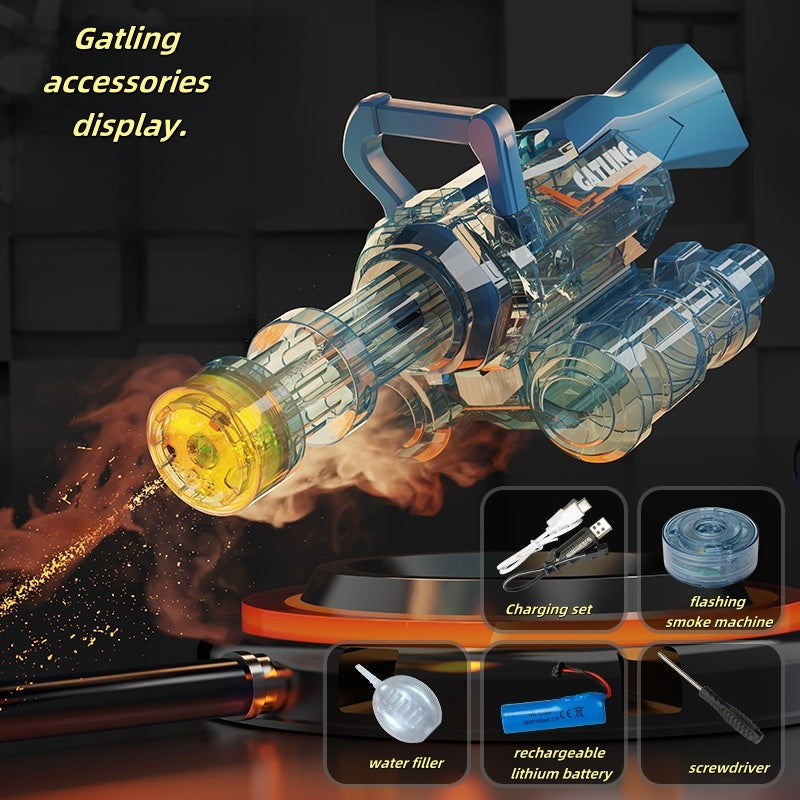 Electric Gatling water blaster featuring rotating barrels and dual water output

