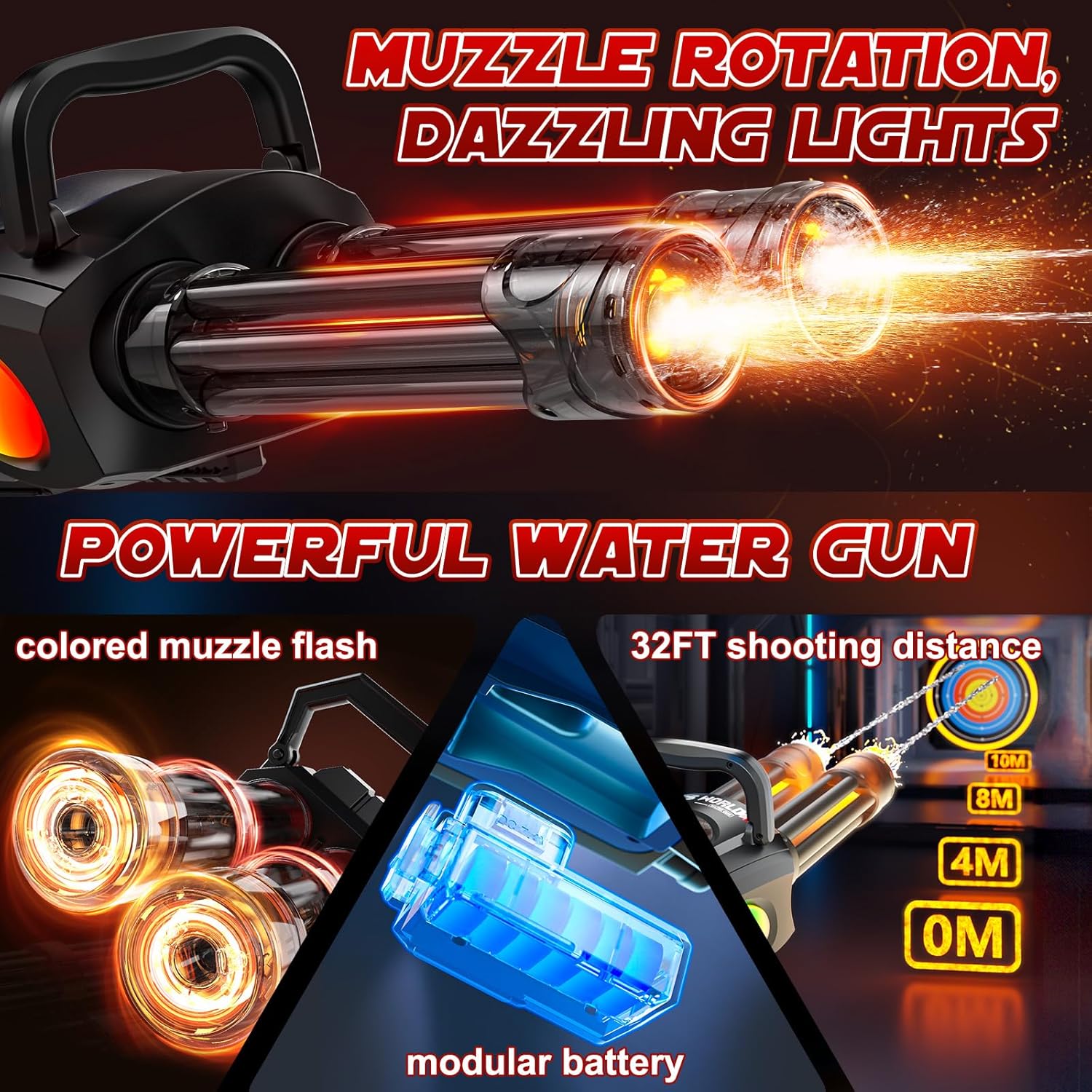 Gatling water blaster with modular backpack tank and rechargeable battery pack

