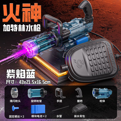 High-speed Gatling water blaster shooting LED-lit water stream in outdoor backyard scene

