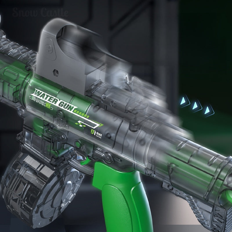 M416-style water gun in green snake skin pattern with dual water magazines on display


