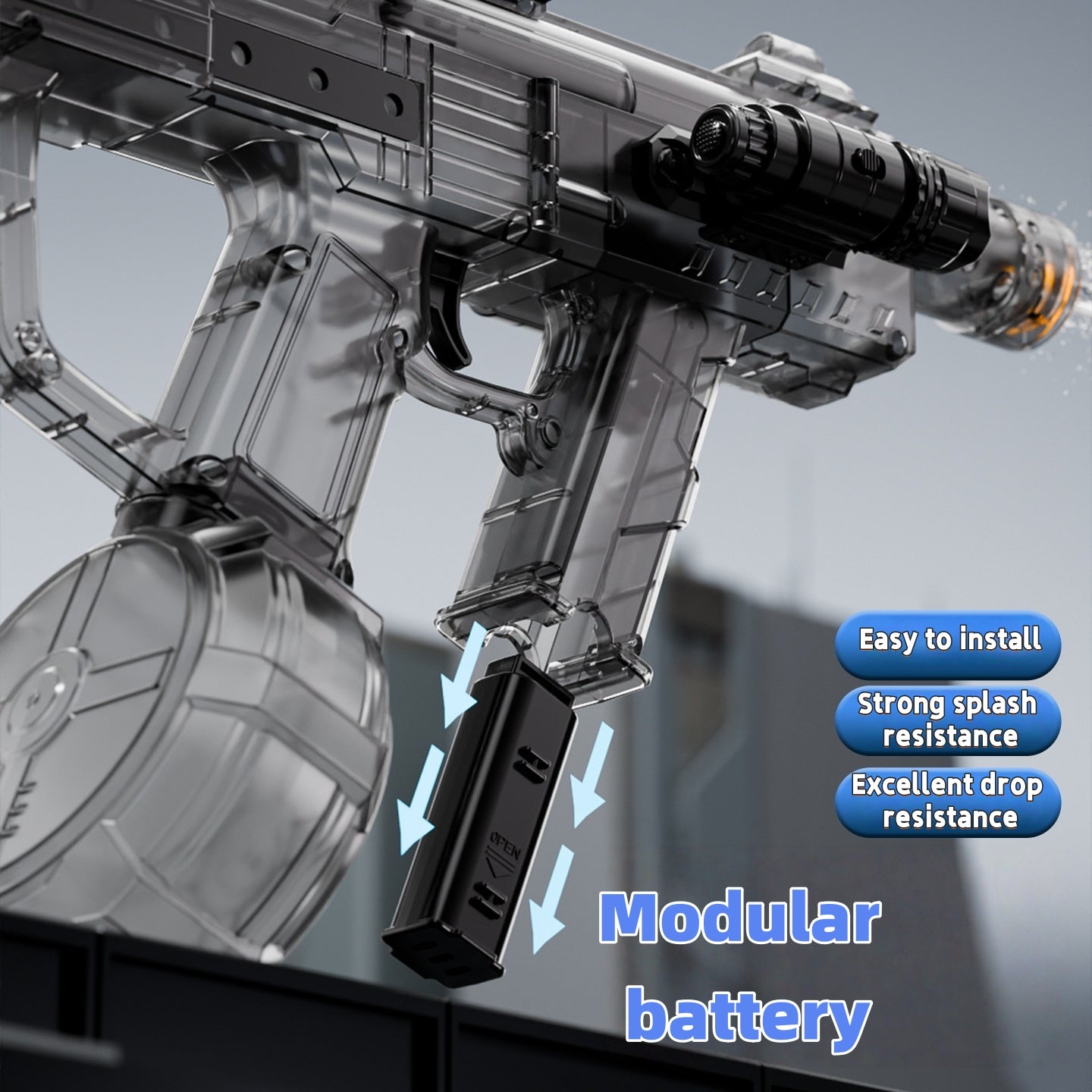 MK3 water gun in action with rapid-fire water stream and LED lights

