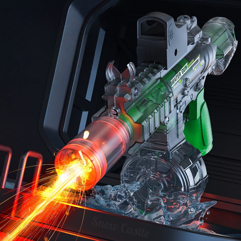 Rechargeable battery being inserted into M416 electric water gun for continuous play

