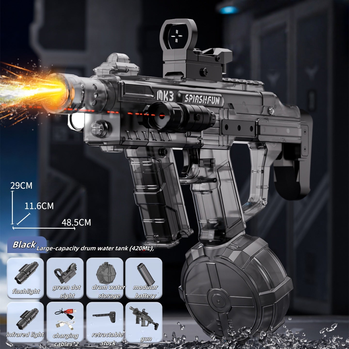 Side profile of MK3 electric water gun showcasing large water tank

