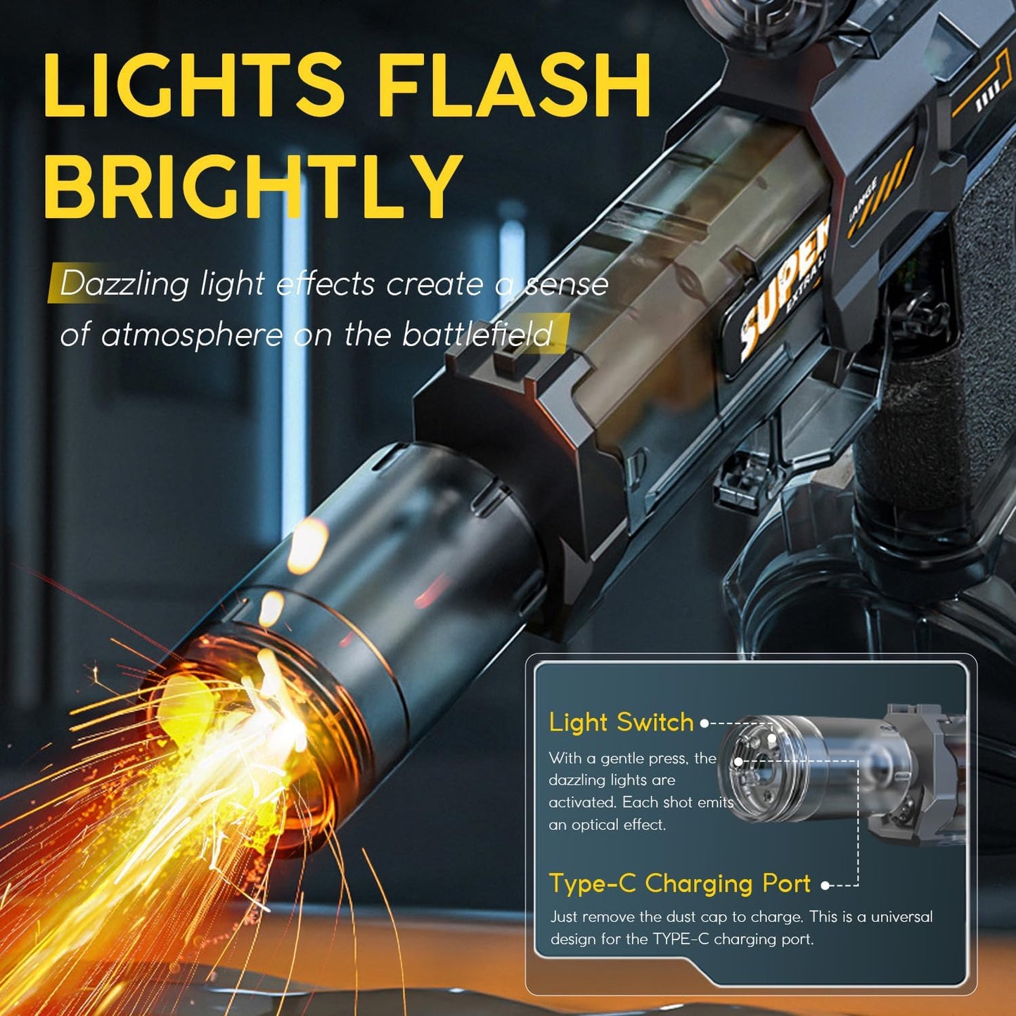 Side view of rechargeable electric water blaster with transparent water tank

