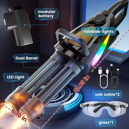 Sleek side view of Gatling electric water gun with ergonomic handles and flash LED lights


