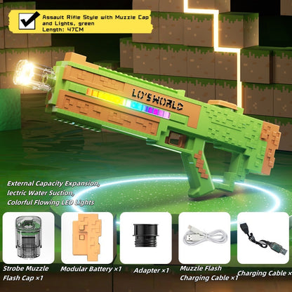 Trendy Pixel Water Gun in green with large water tank and LED pulse lights

