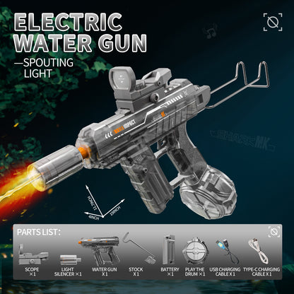 Uzi water gun shown with battery, magazine, sights, and charging cable