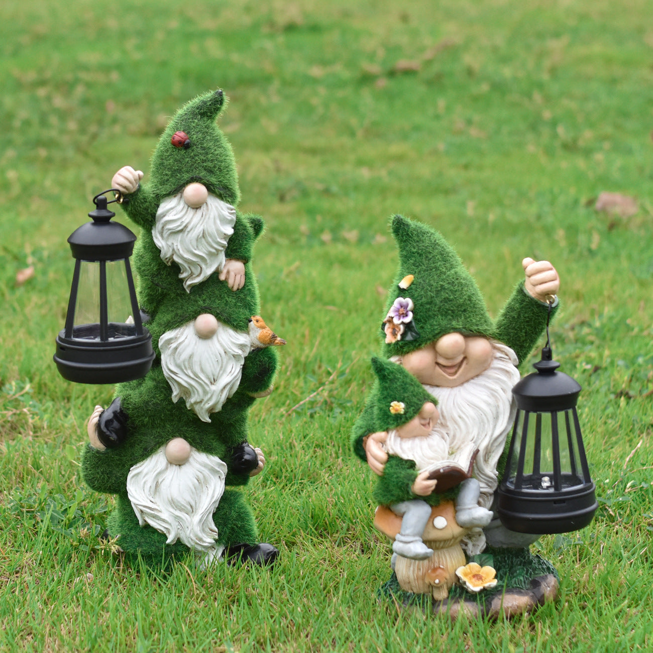 Outdoor patio resin dwarf sculpture with solar light