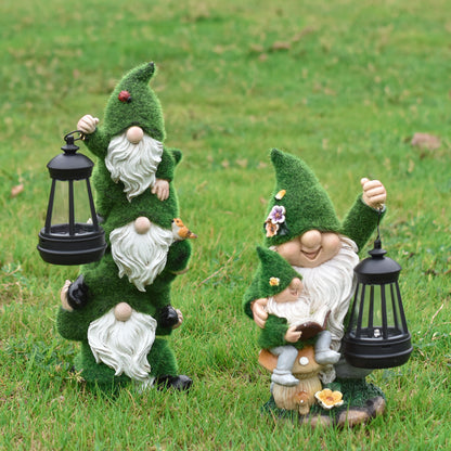 Outdoor patio resin dwarf sculpture with solar light