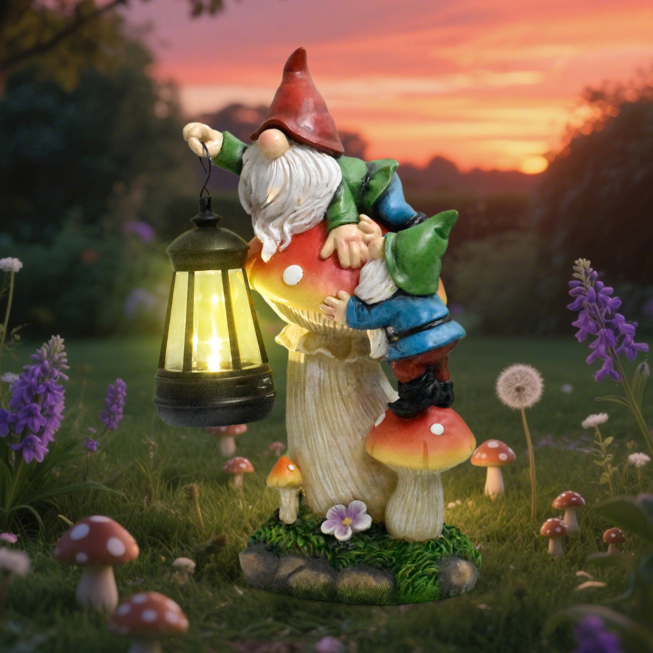 Lawn and patio solar lantern dwarf resin figure